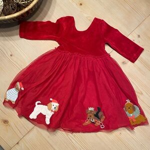 Red Velvet Dress with Dog Appliques
